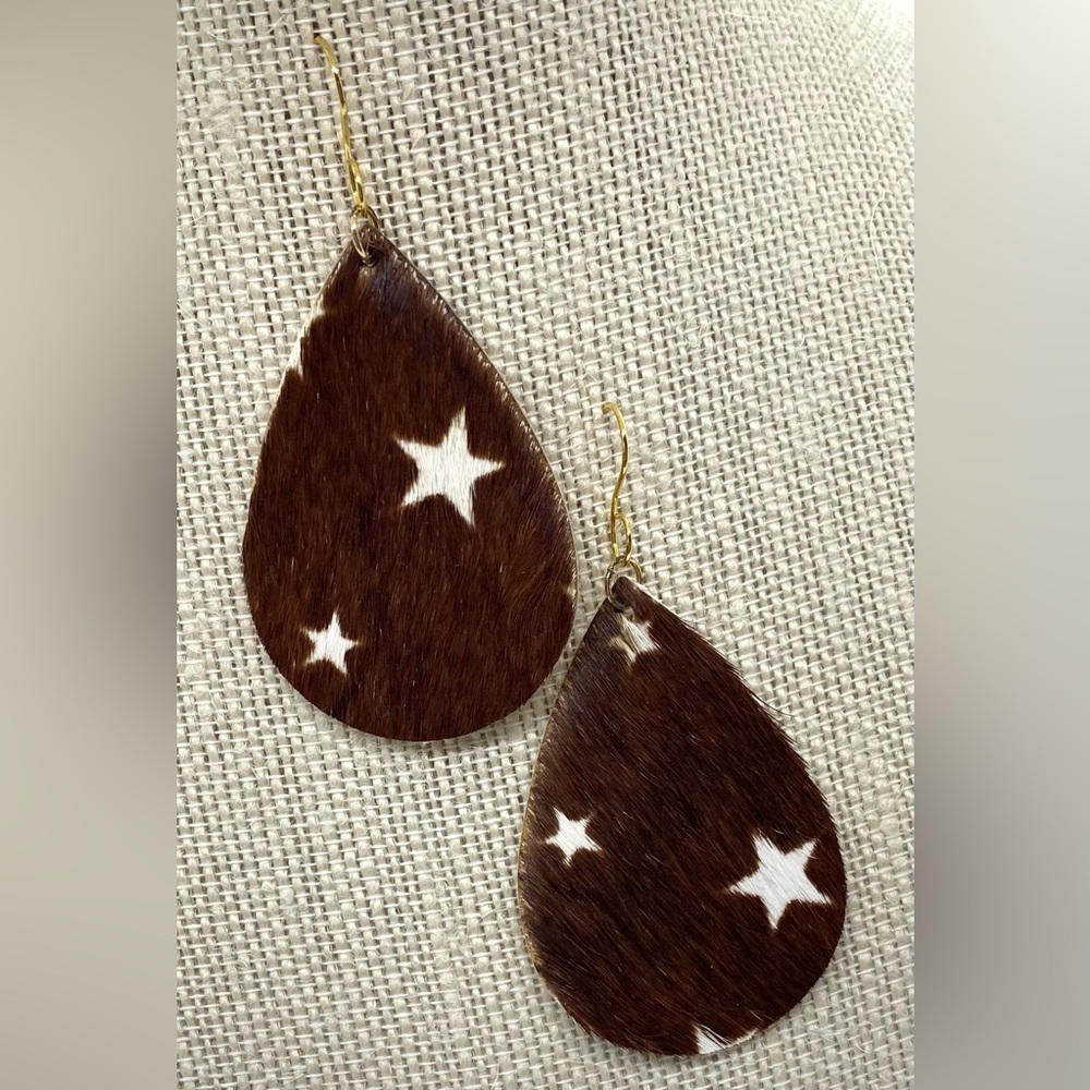 Star Brown White FauxFur Leather Earrings Boho Fall Eclectic Festival Western